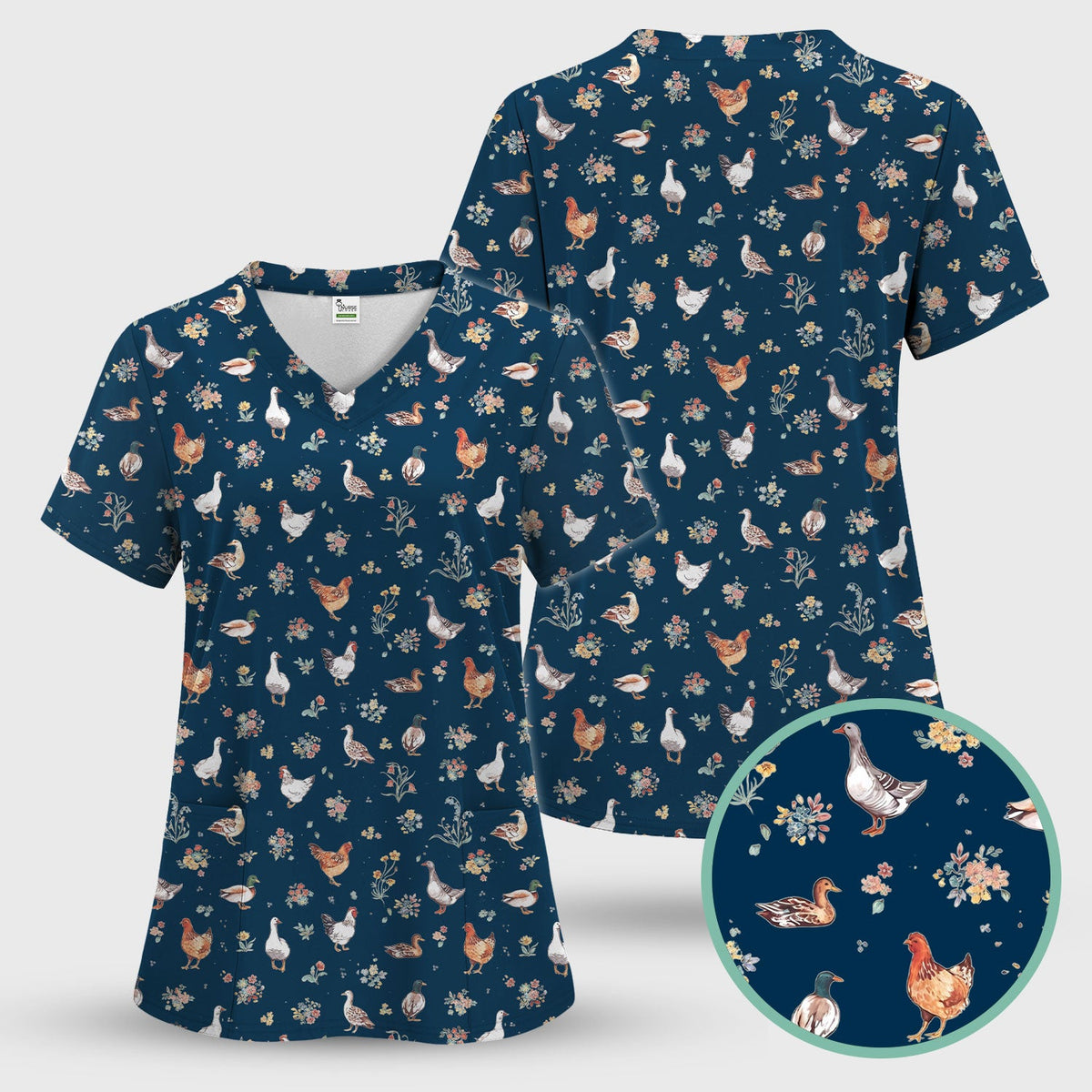 Farm Chicken Duck Floral Pattern Scrubs Top, Comfortable Scrubs for Nurses