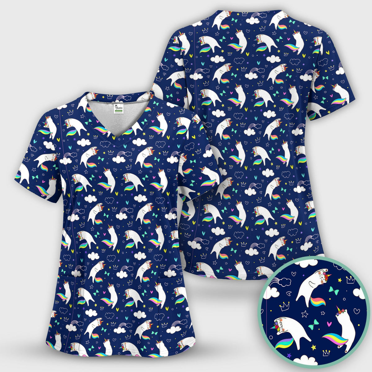 Unicorn Cat Rainbow Tail Clouds Nurse Scrub Set