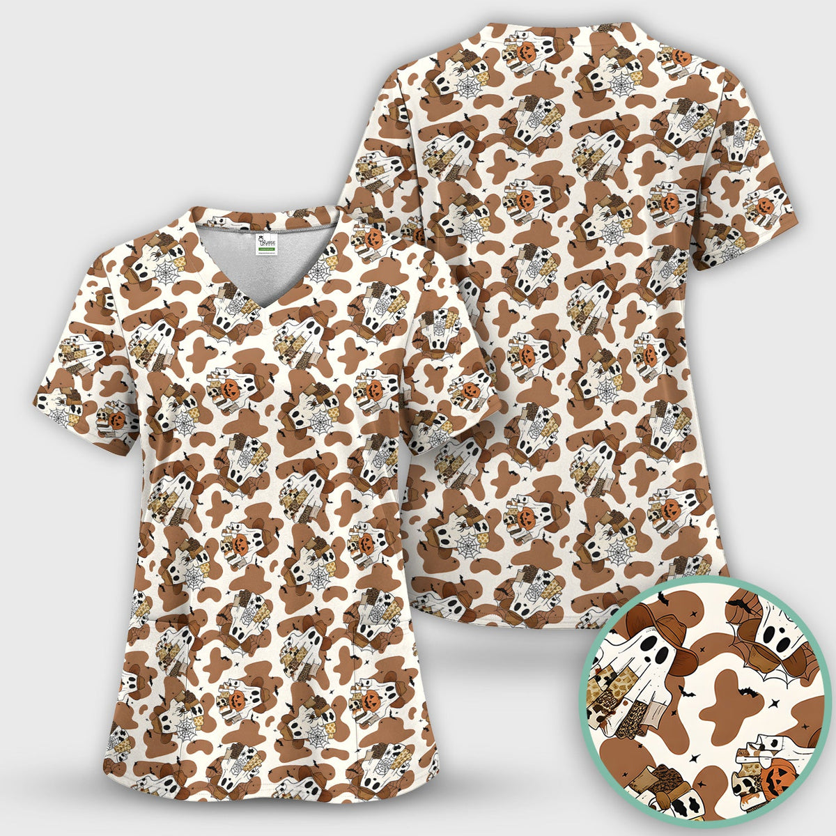 Cow Ghost Nurse Scrub Set - Halloween Gift