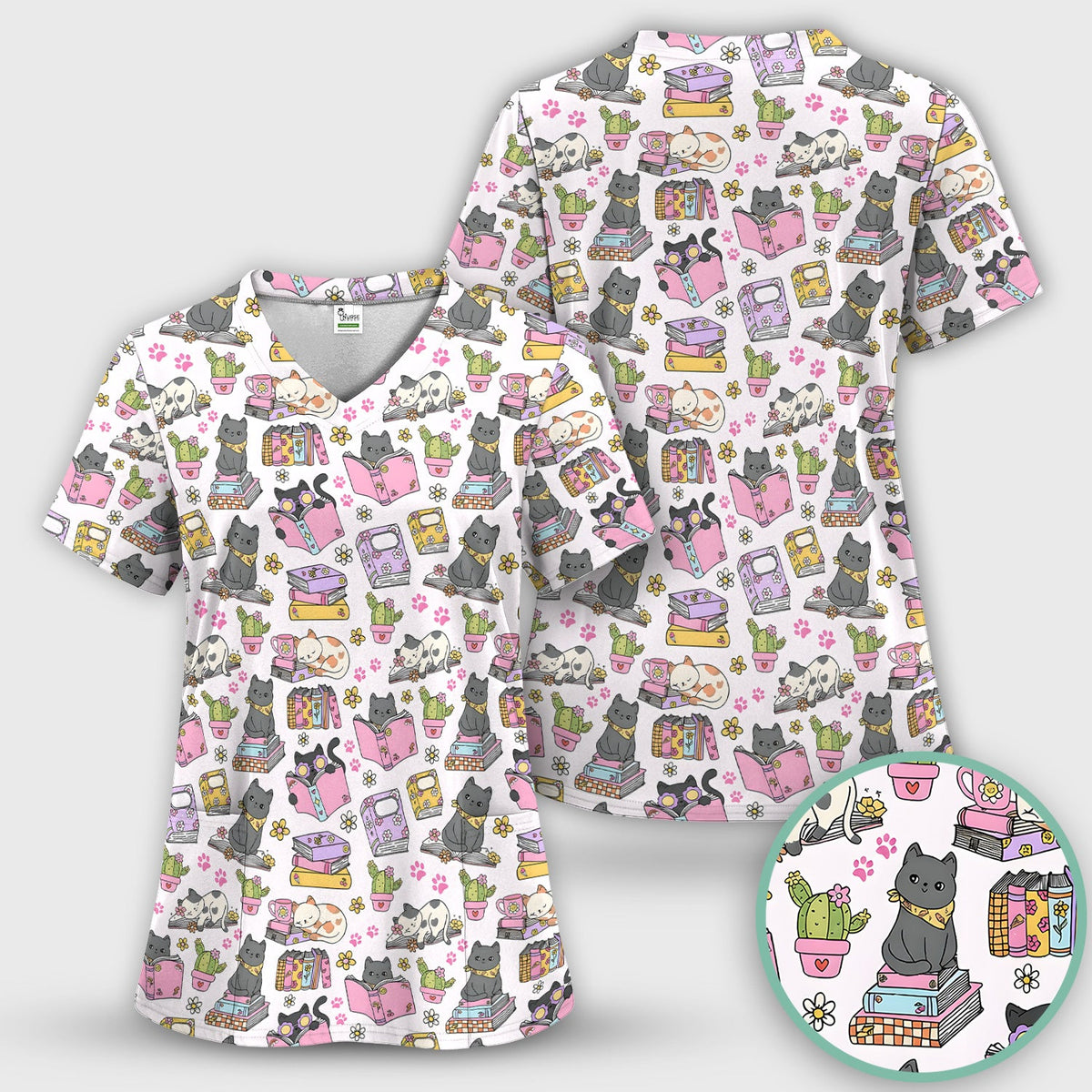 Cat Book Cactus Nurse Scrub Top
