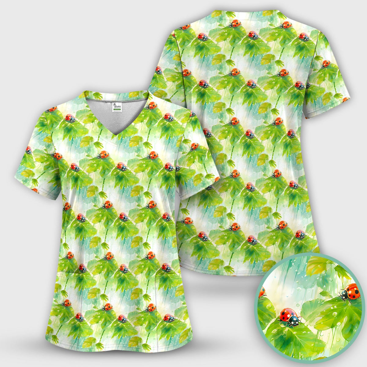 Ladybugs On Rainy Leaves Nurse Scrub Set