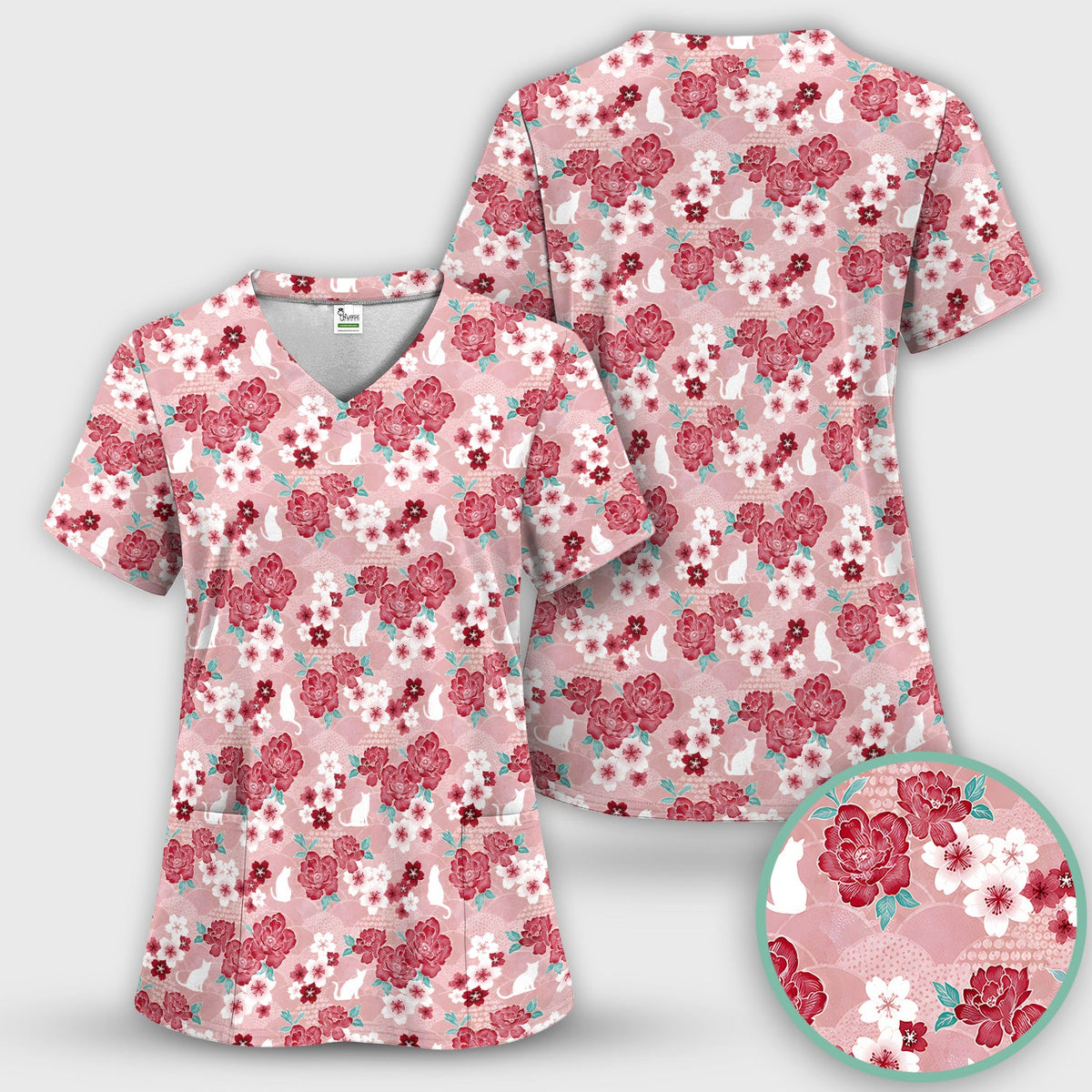 Floral White Cat Nurse Scrub Top