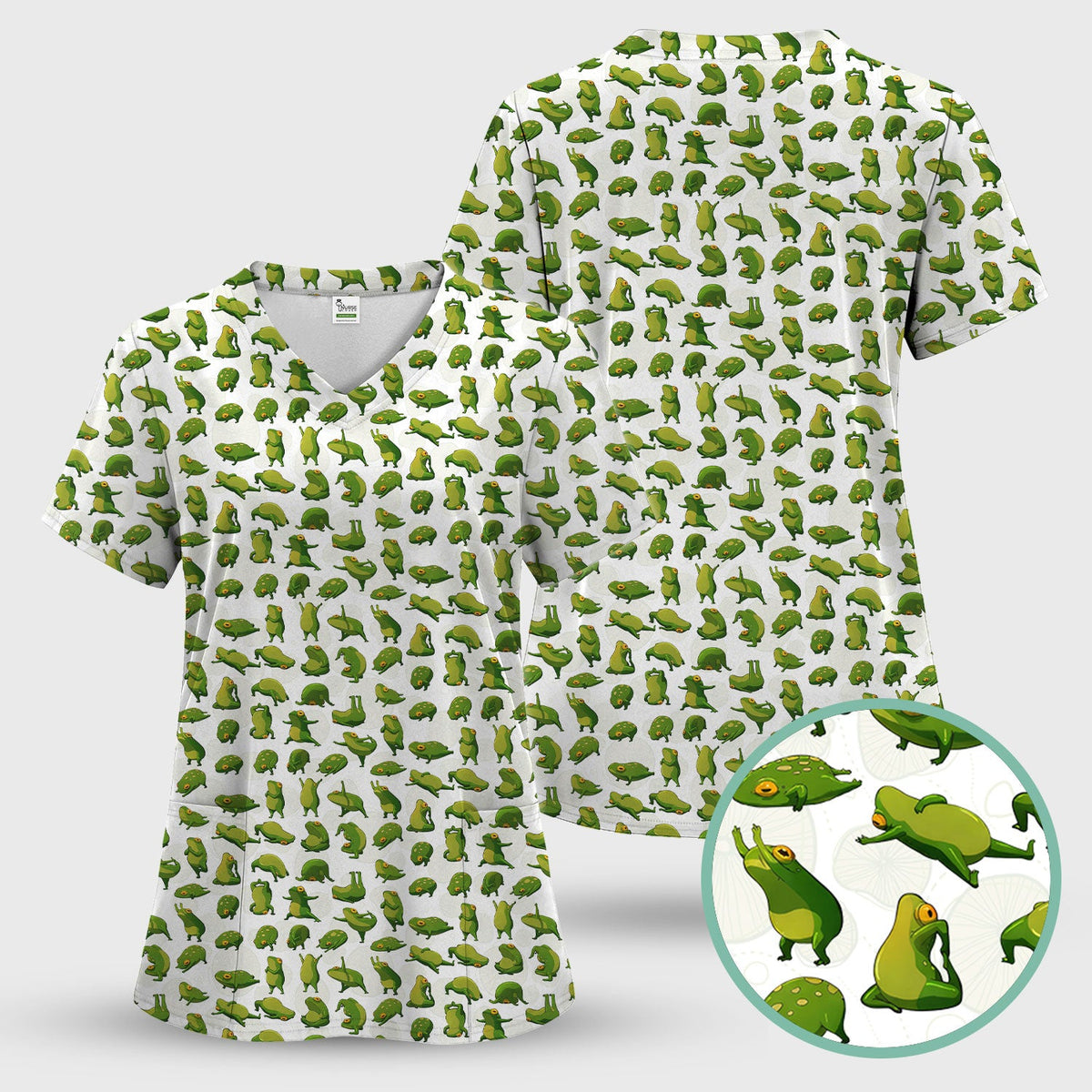 Cute Frog Cartoon Pattern Scrub Set, Breathable Med Uniform