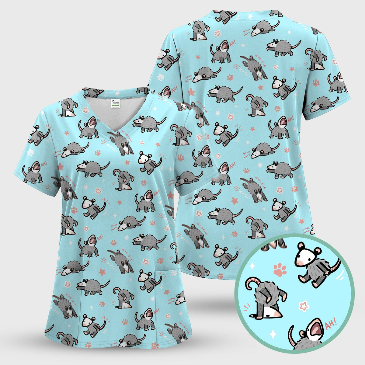 Cartoon Opossum Nurse Scrub Top