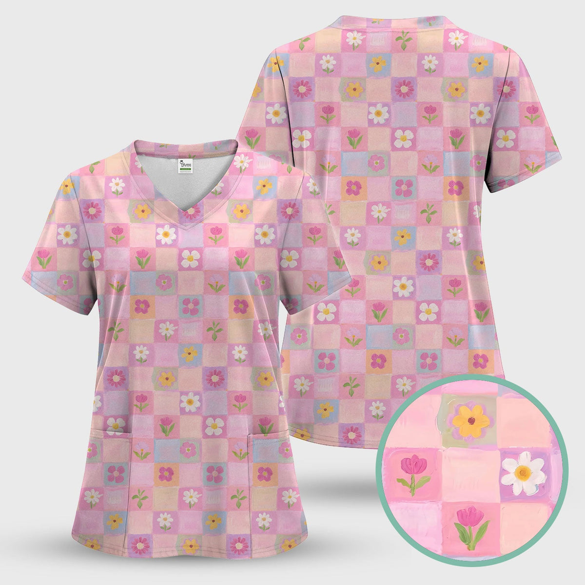 Lovely Pastel Floral Patchwork Nurse Scrub Top