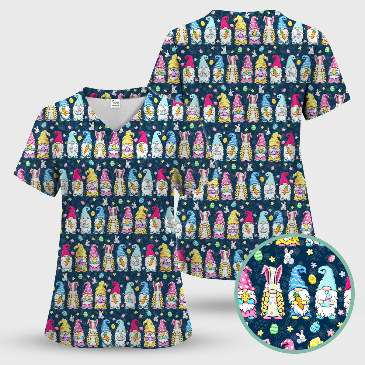 Colorful Easter Gnome Bunny Eggs Nurse Scrub Set