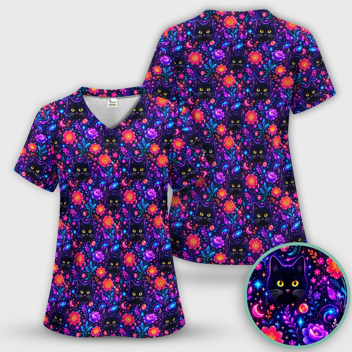 Galaxy Black Cat Floral Nurse Scrub Top