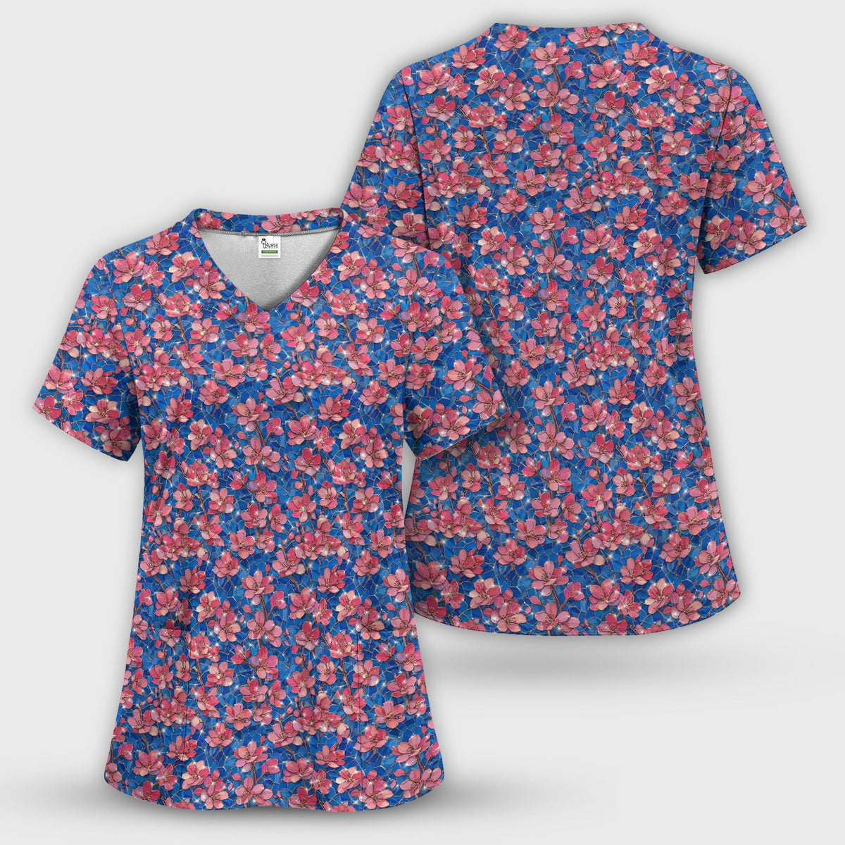 Pink Cherry Blossom Floral Nurse Scrub Top