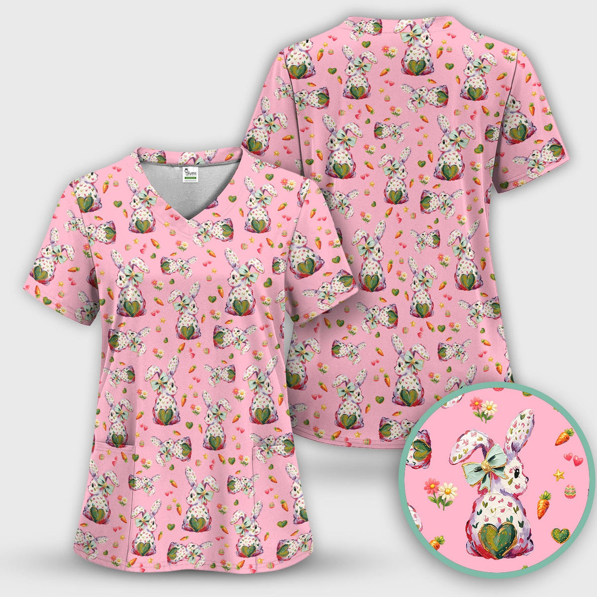 Pastel Bunny Easter Nurse Scrub Top