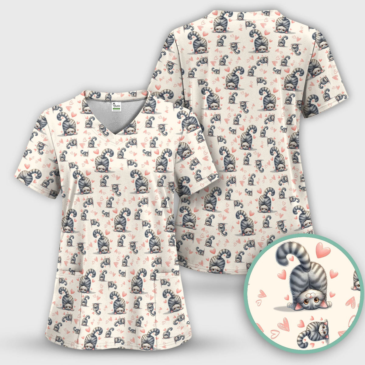 Valentine Cute Cat Heart Nurse Scrub Set