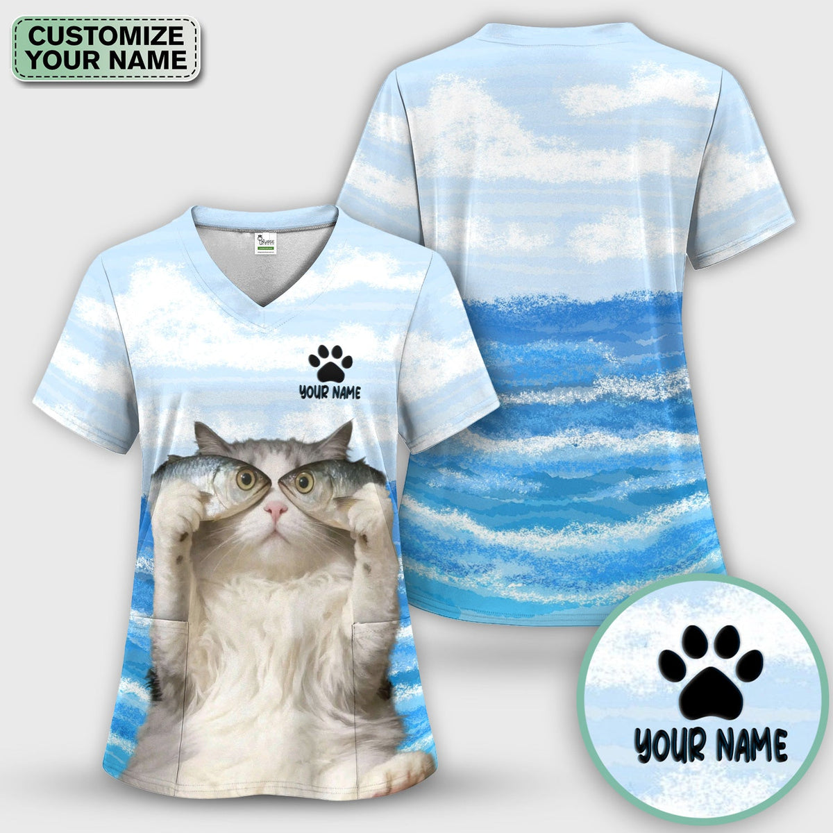 Personalized Cat Holding Fish Nurse Scrub Set
