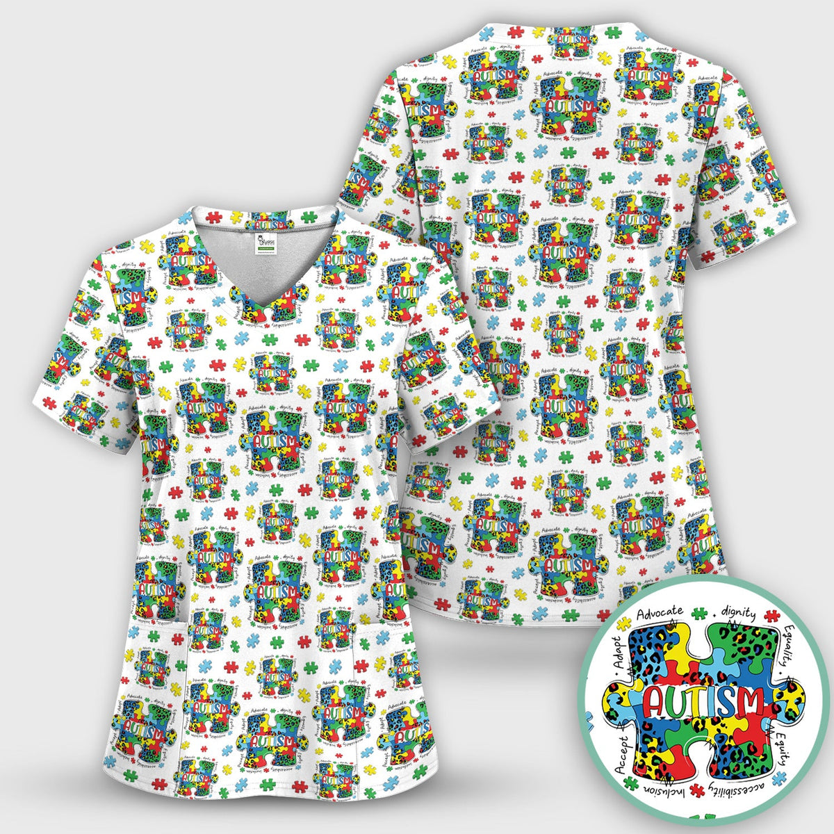 Autism Awareness Puzzle Black White Nurse Scrub Top