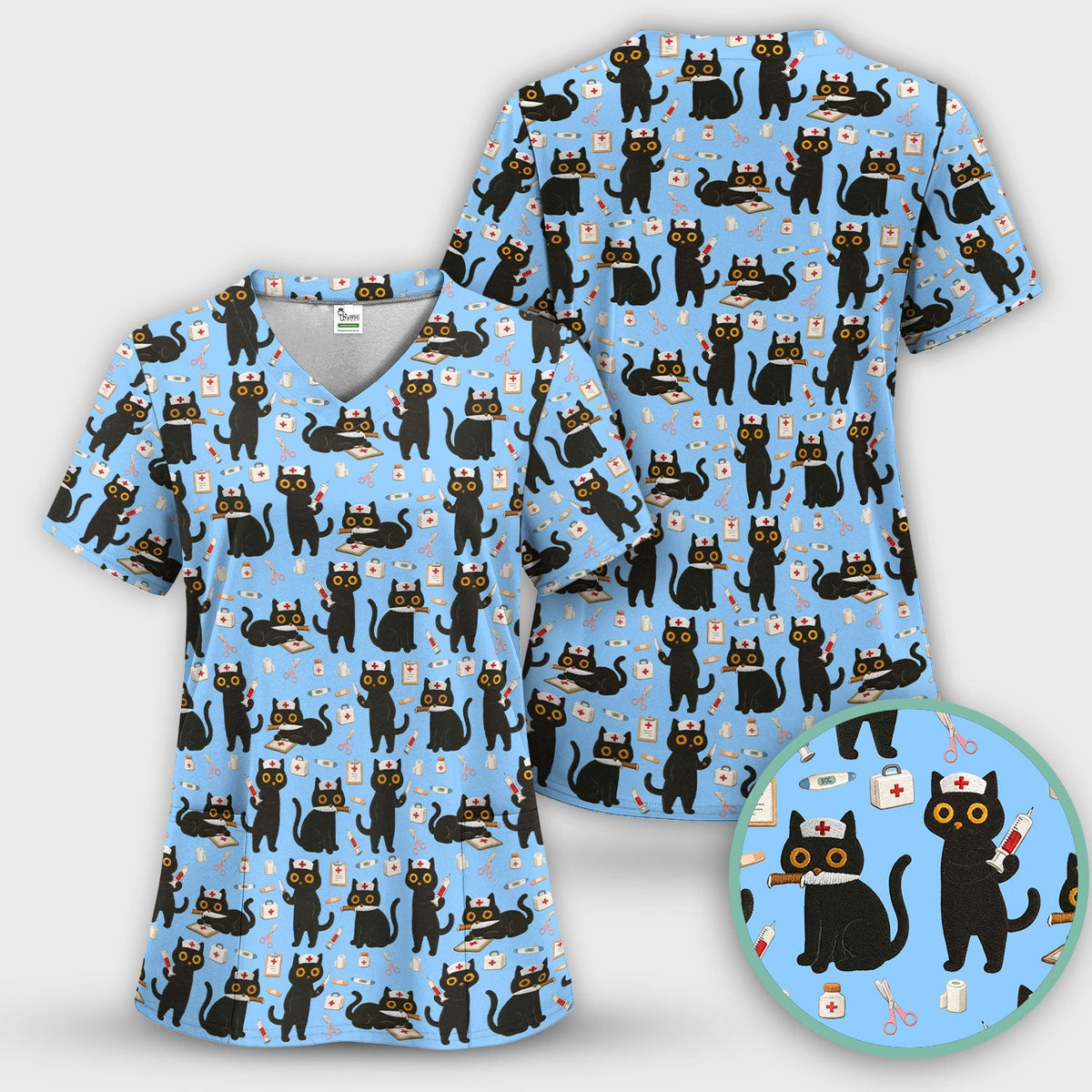 Cute Teal Black Cat Nurse Scrub Set