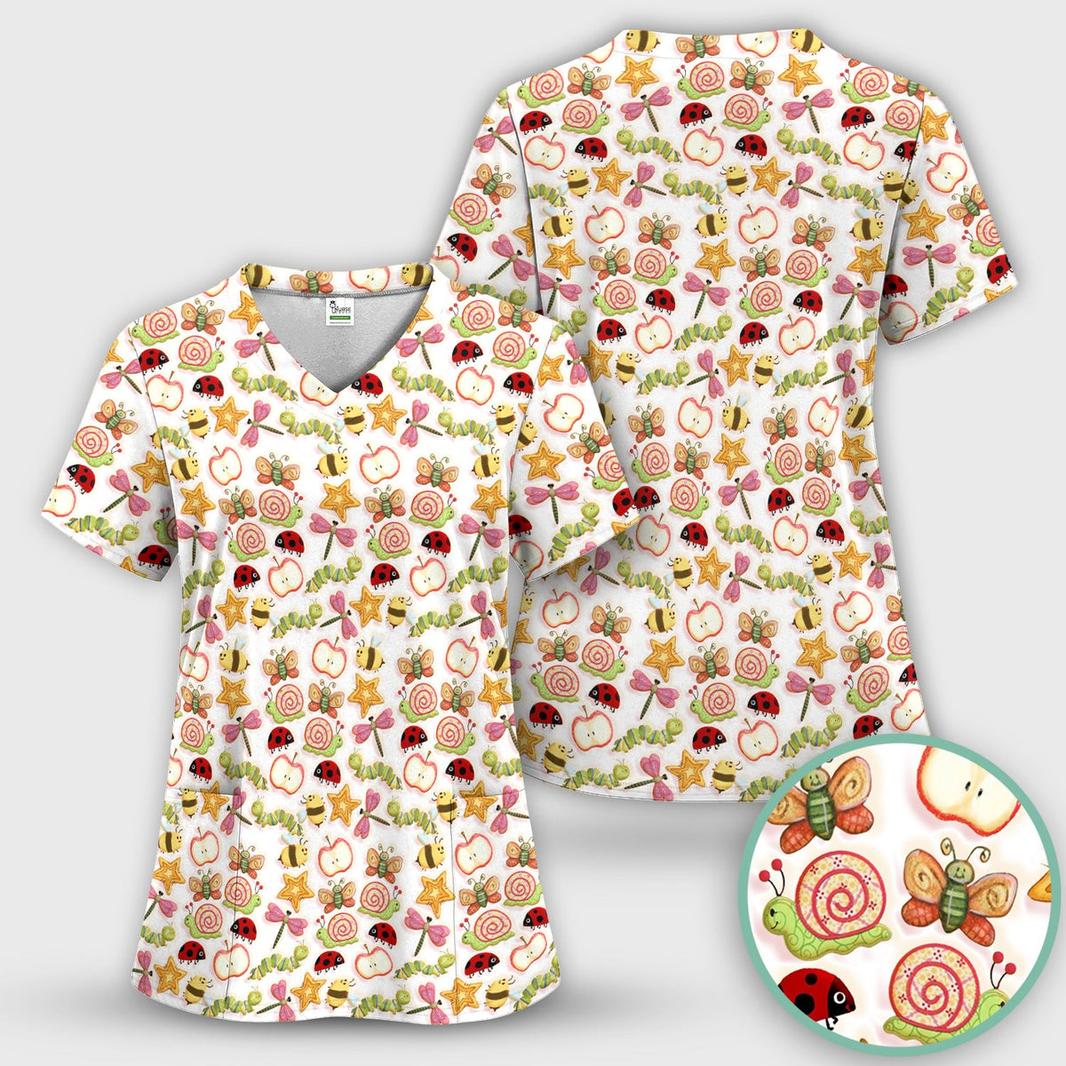 Snail Ladybug Caterpillar Apple Garden Nurse Scrub Set