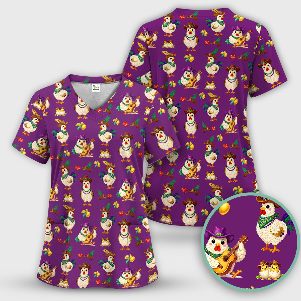 Mardi Gras Rooster Cowboy Nurse Scrub Top