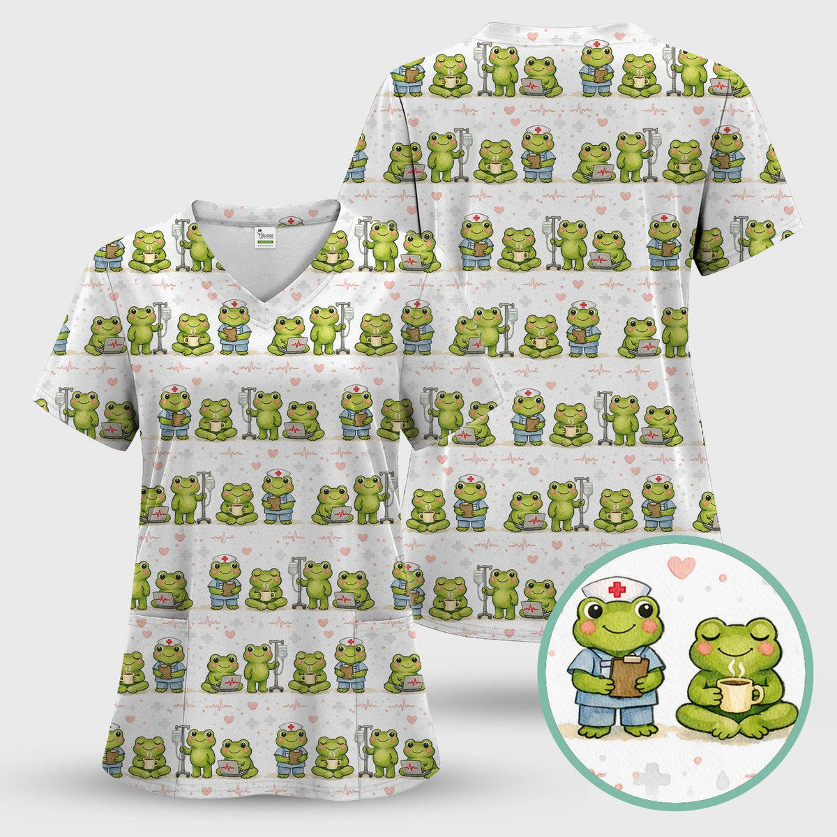 Adorable Frog Various Poses Nurse Scrub Set