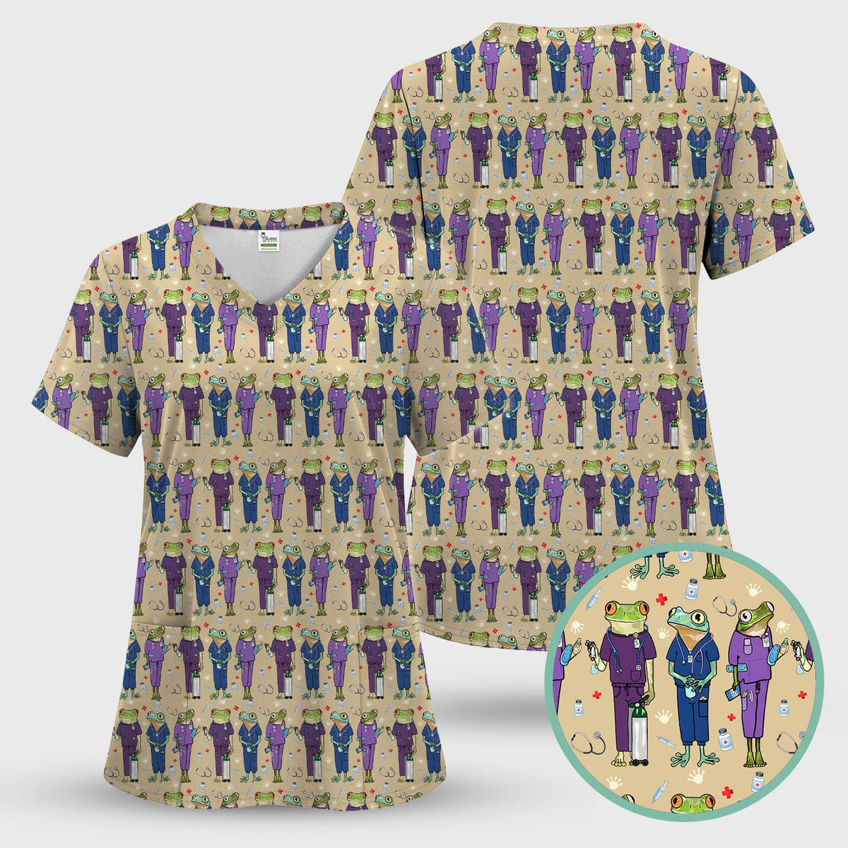 Frog Print Nurse Scrub Top