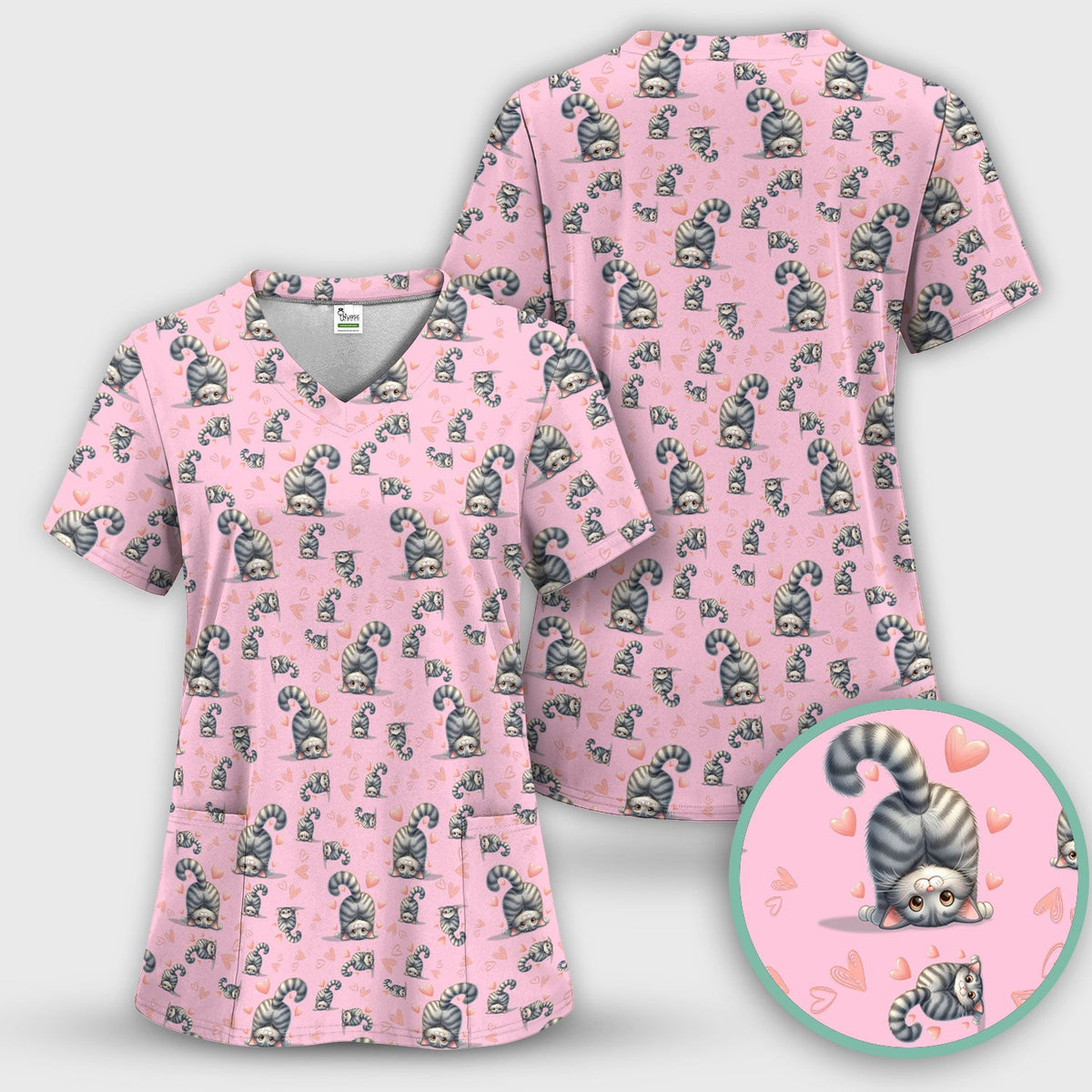 Valentine Cute Cat Heart Nurse Scrub Set