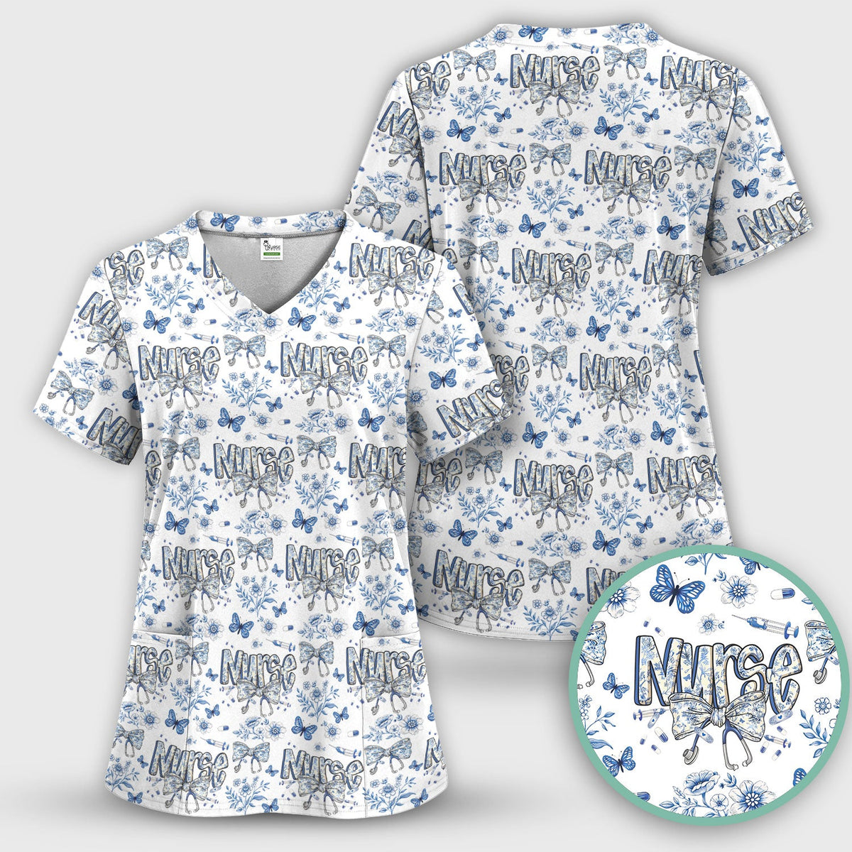 Blue Nurse Bow Butterfly Floral Scrub Set