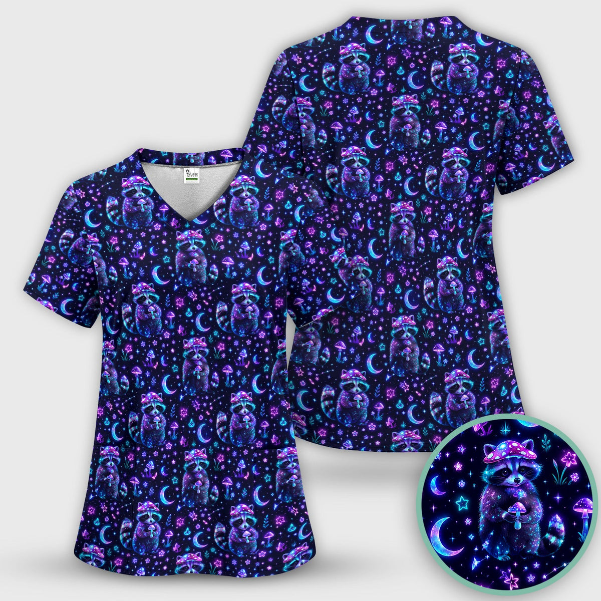 Neon Mushroom Raccoon Moonlight Nurse Scrub Top