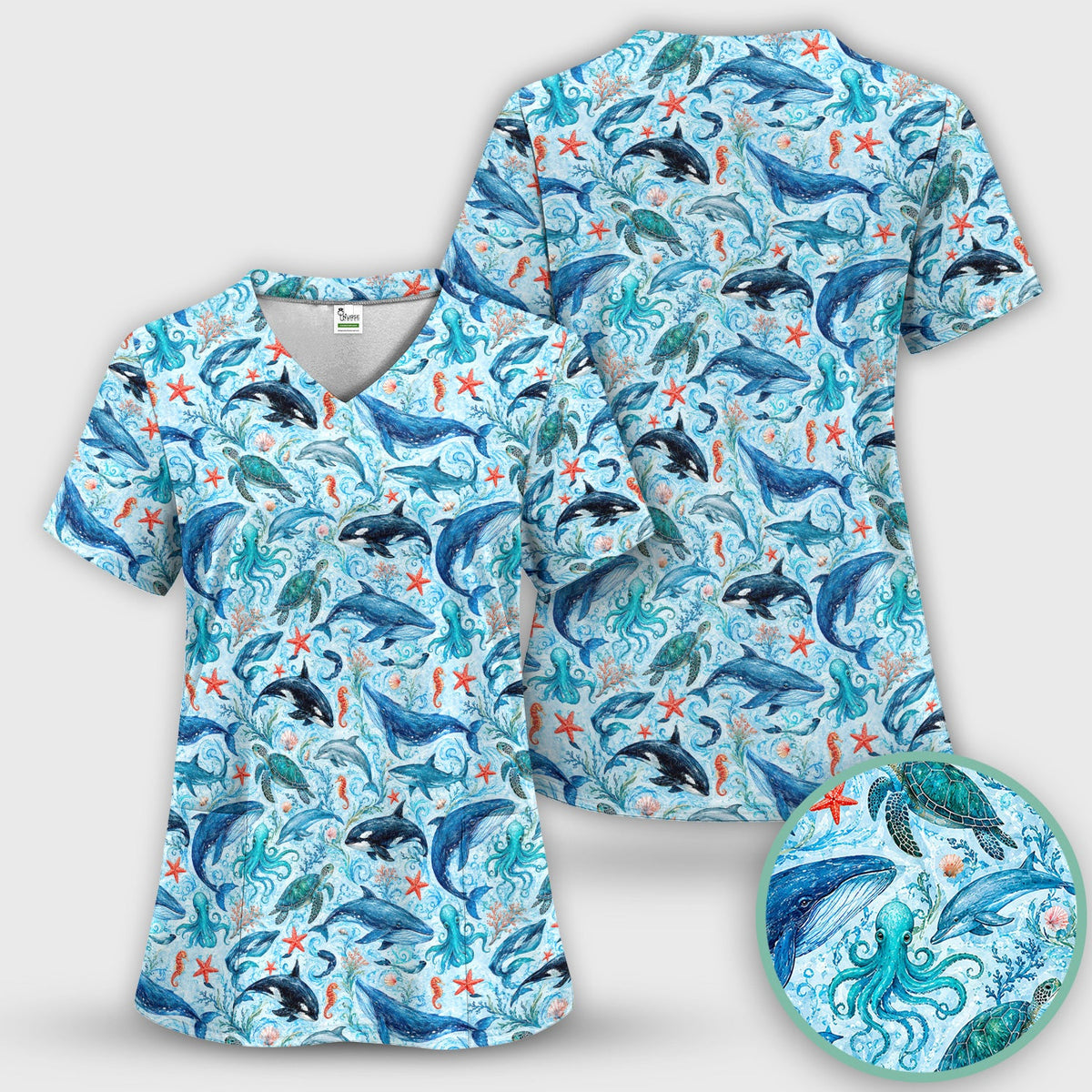 Watercolor Ocean Wildlife Scene Nurse Scrub Top