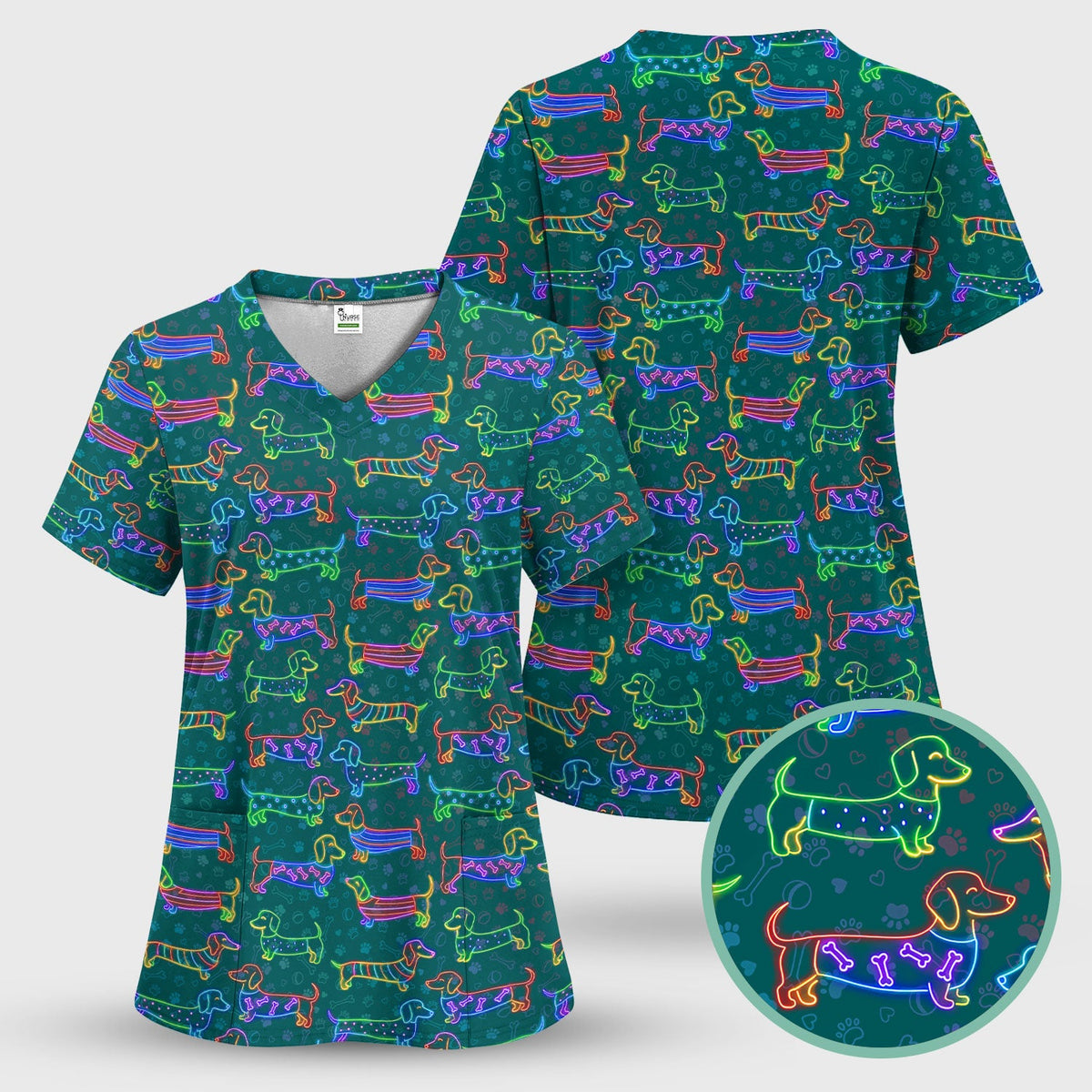 Neon Wiener Dog Nurse Scrub Top