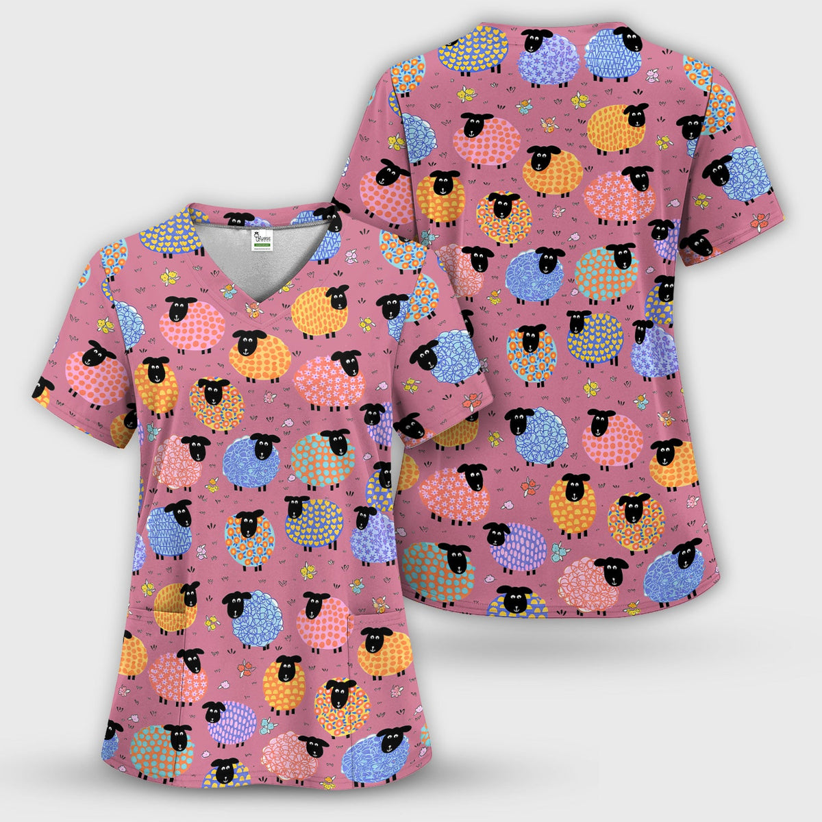 Funny Colorful Sheep Pattern Scrub Top, Comfortable Scrubs for Nurses