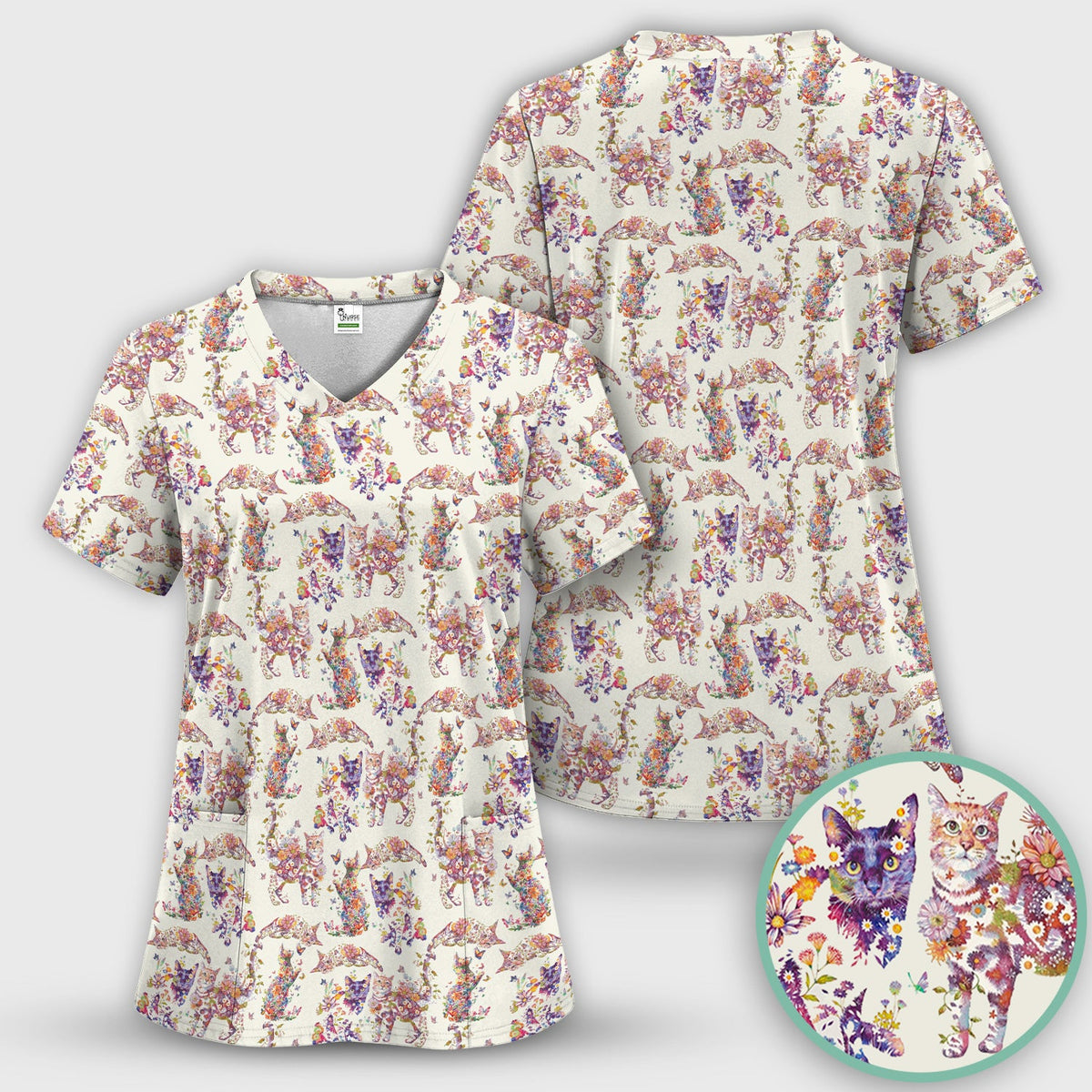 Whimsical Floral Cat Garden Nurse Scrub Set