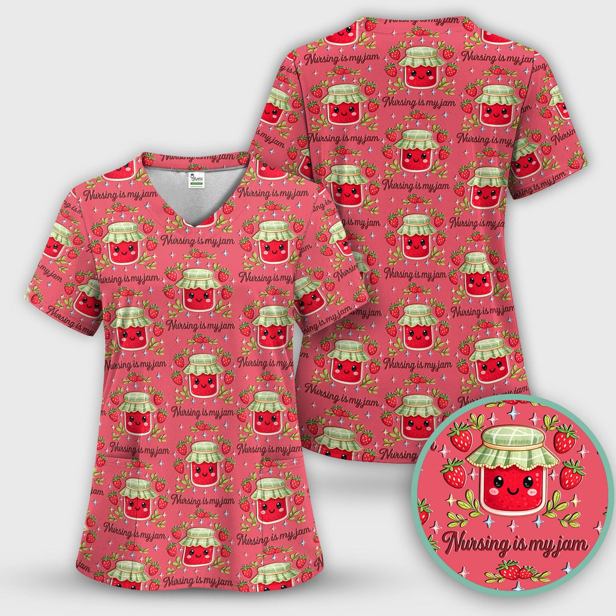 Cute Strawberry Jam Nurse Pattern Scrub Set, Breathable Med Uniform