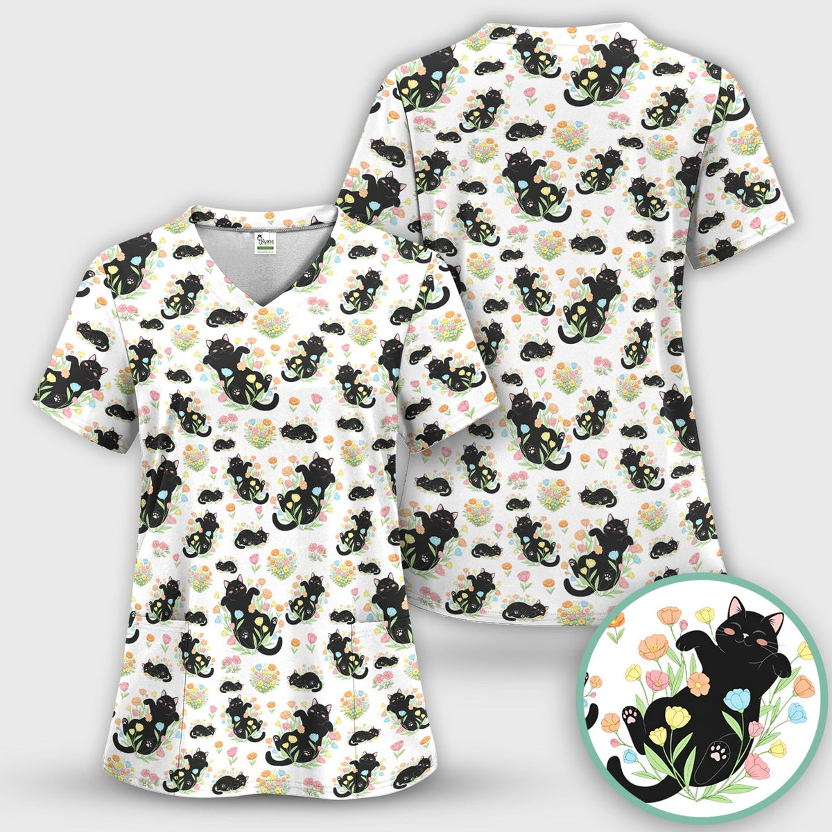 Cats Cute Poses Floral Nurse Scrub Top