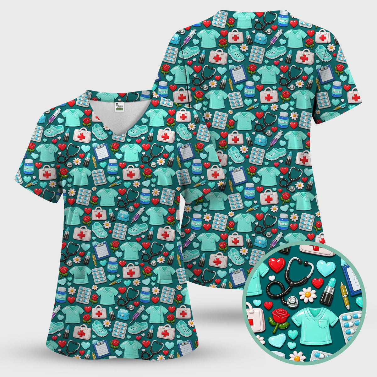 Medical Icons Scrub Top, Cute Pattern Nurse Shirt, Breathable Fabrics Nursing Uniform