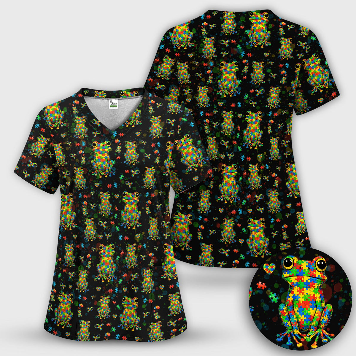 Colorful Autism Puzzle Frog Nurse Scrub Set