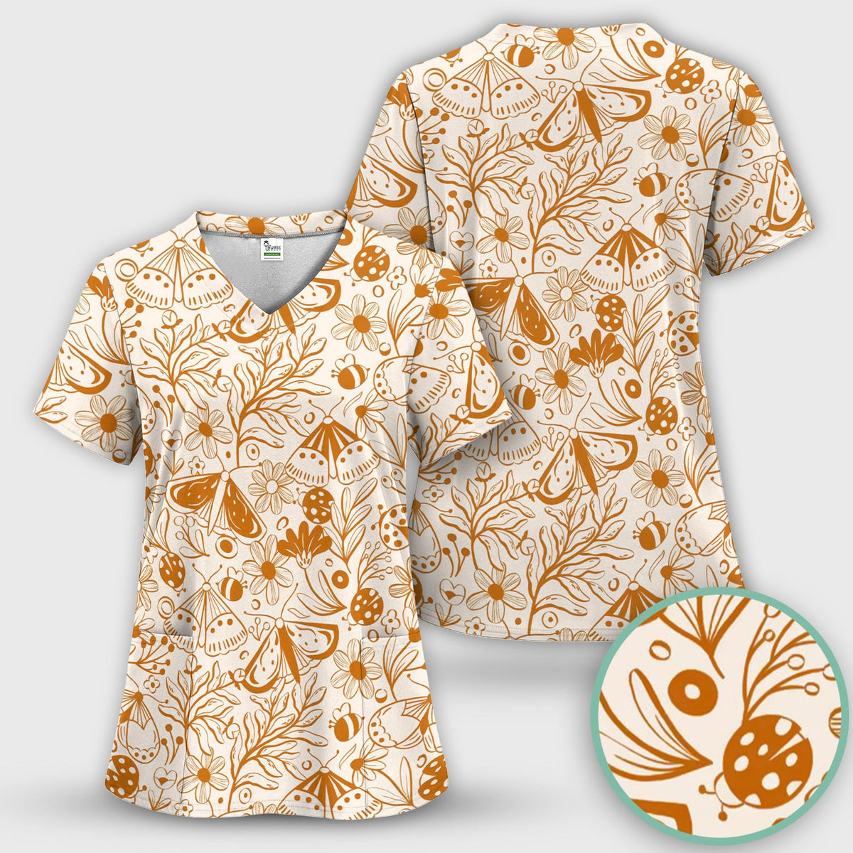 Butterfly Ladybug Floral Garden Nurse Scrub Top