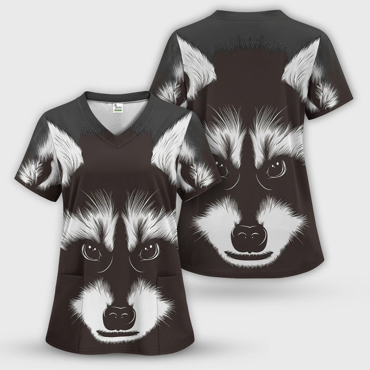 Black White Raccoon Face Nurse Scrub Top