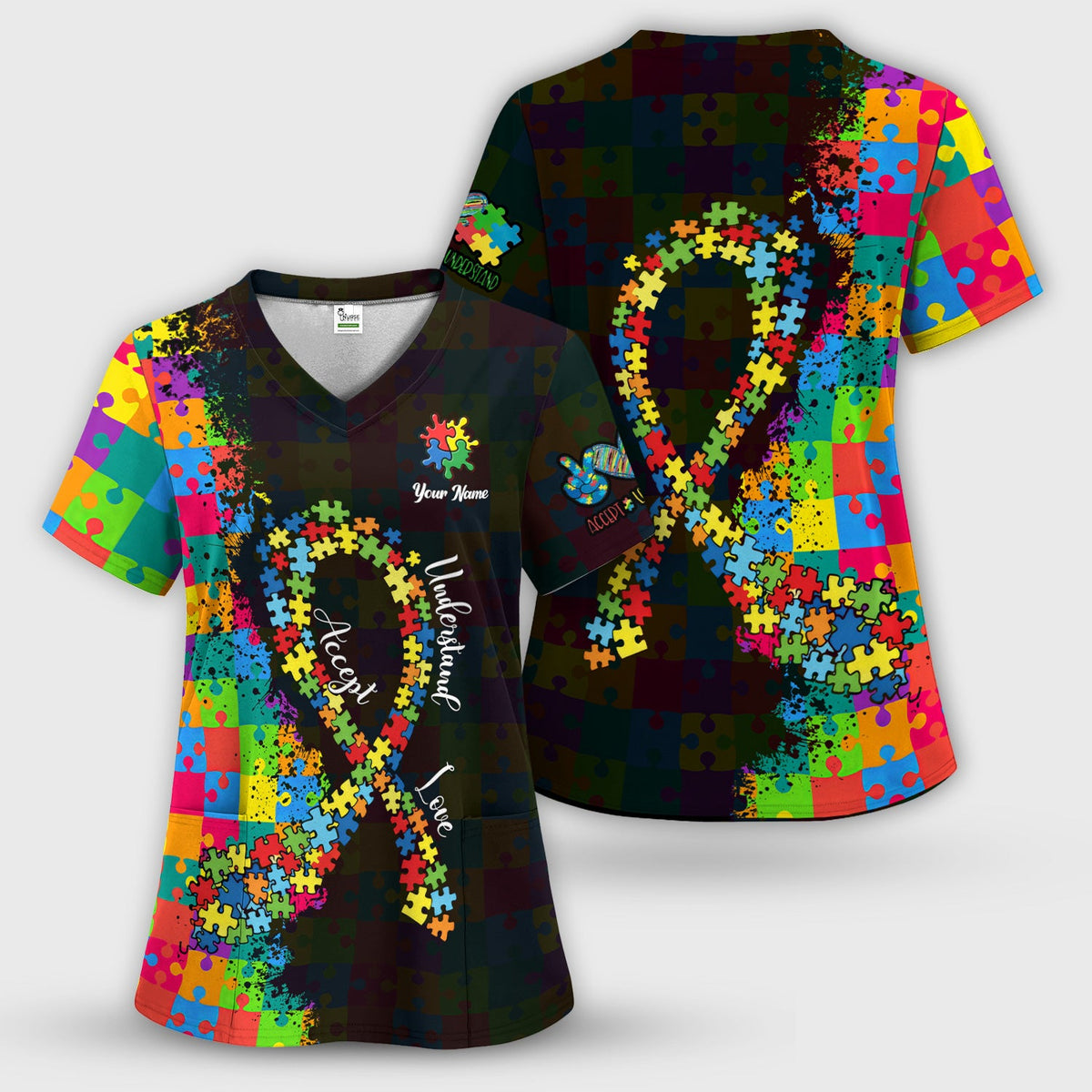 Personalized Autism Puzzle Ribbon Colorful Print Scrub Top, Comfortable Scrubs for Nurses