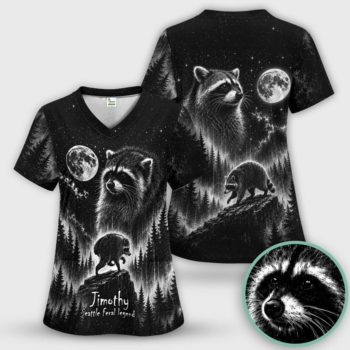 Moonlit Jimothy Raccoon Forest Nurse Scrub Set