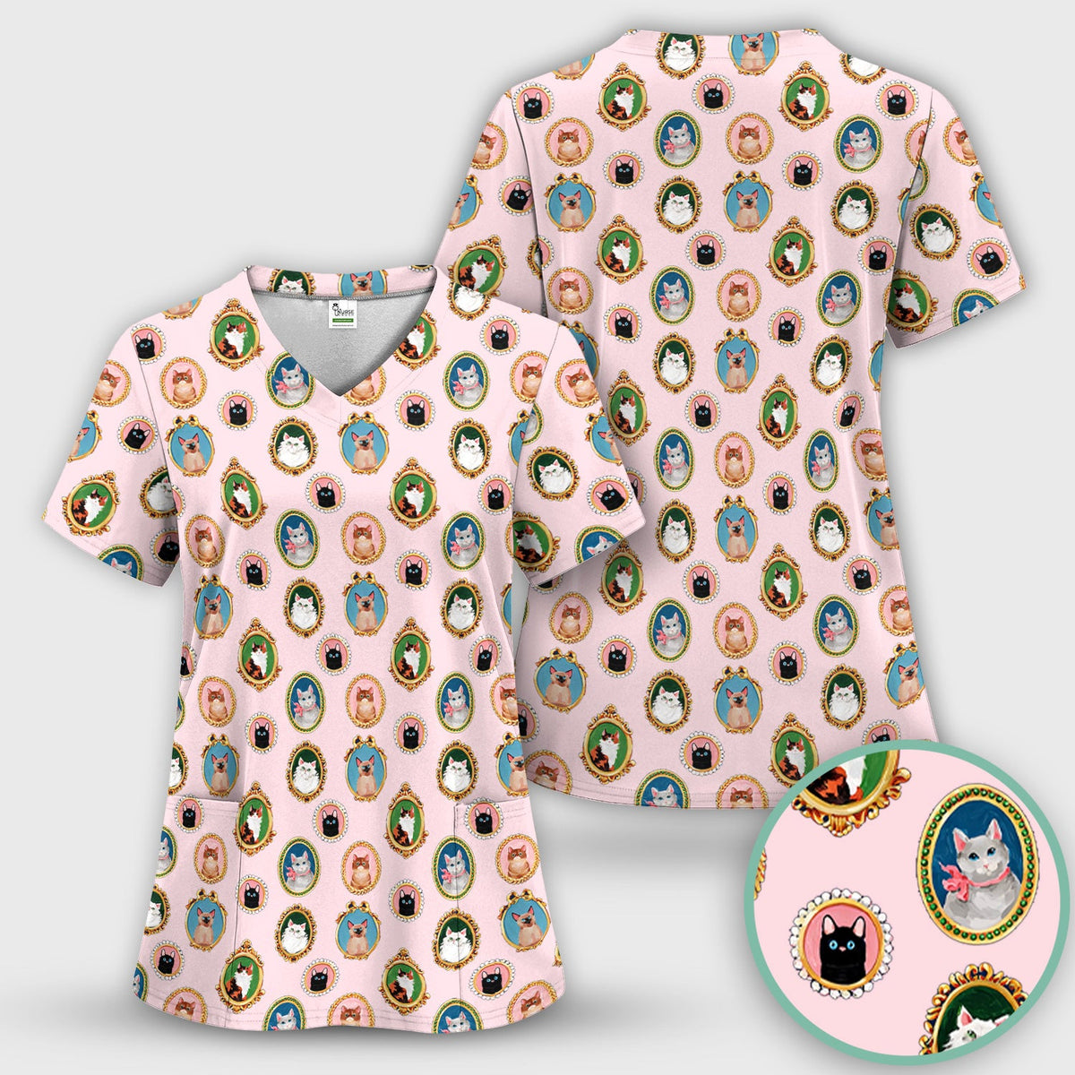 Vintage Cat Portrait Nurse Scrub Top