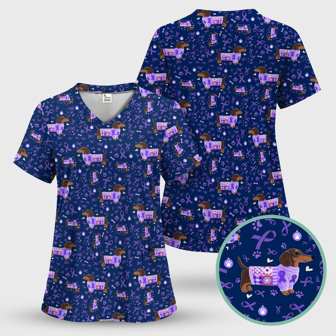 Wiener Dog Purple Ribbon Cancer Awareness Nurse Scrub Top