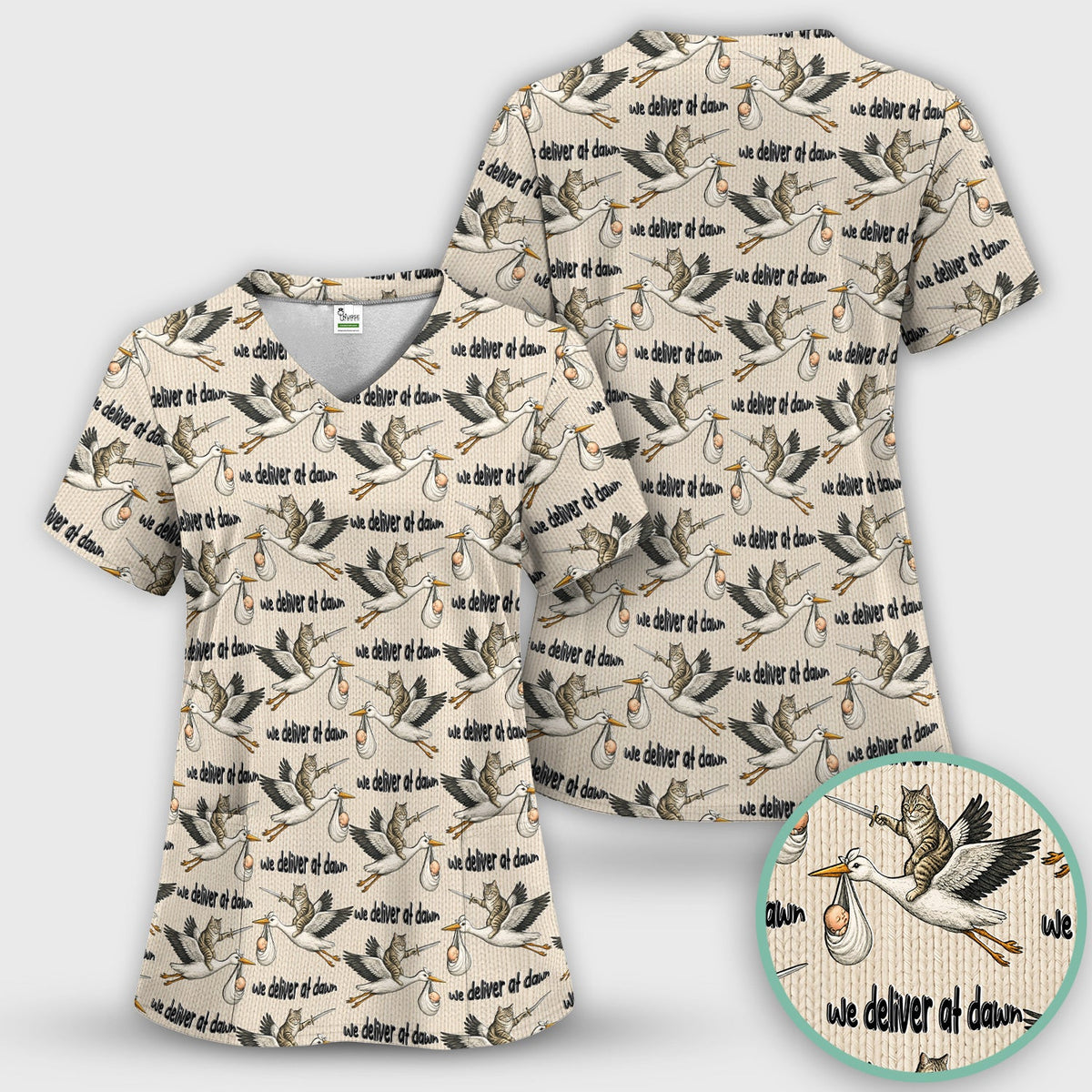 Stork Cat Delivery Nurse Scrub Top