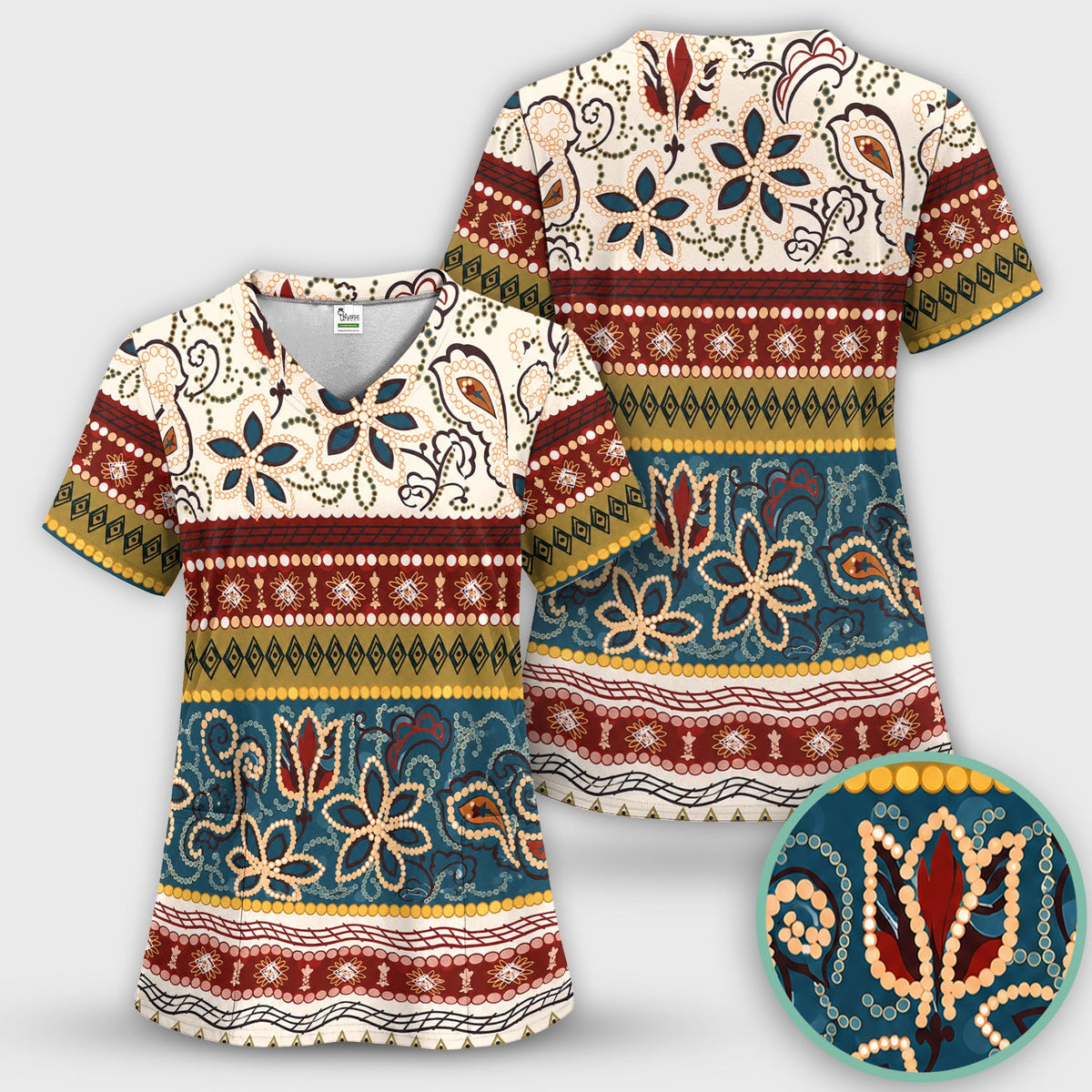 Boho Paisley Floral Stripe Nurse Scrub Top