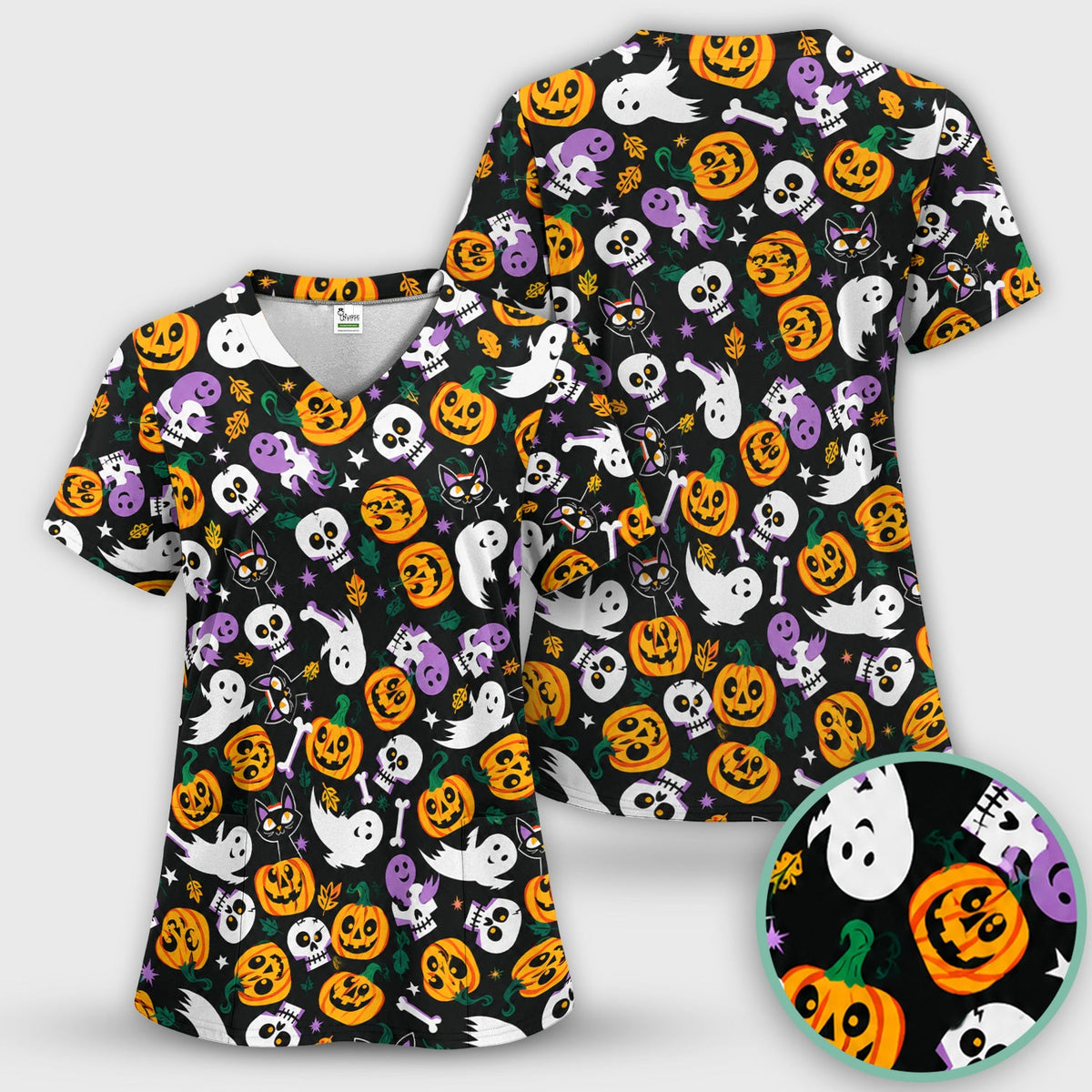 Spooky Pumpkin Ghost Print Nurse Scrub Set