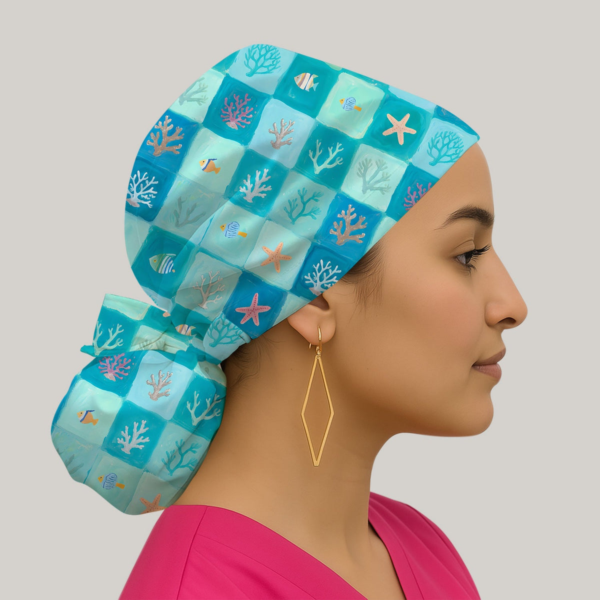 Ocean Coral Fish Starfish Nurse Scrub Cap