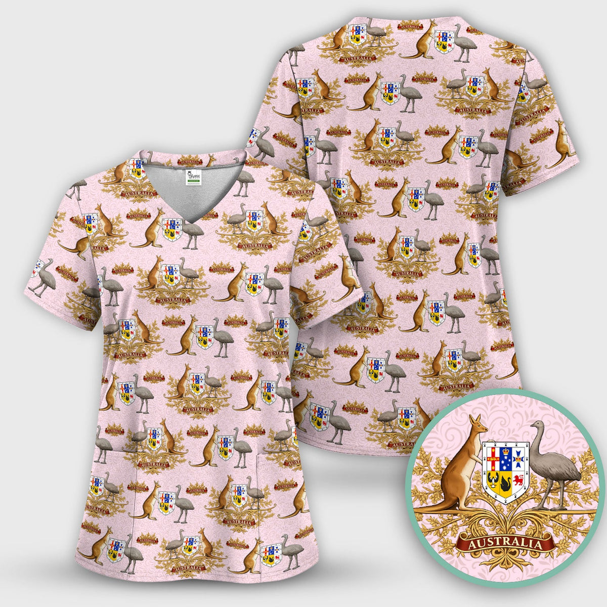 Australian Kangaroo Emu Crest Pattern Scrub Top, Comfortable Scrubs for Nurses