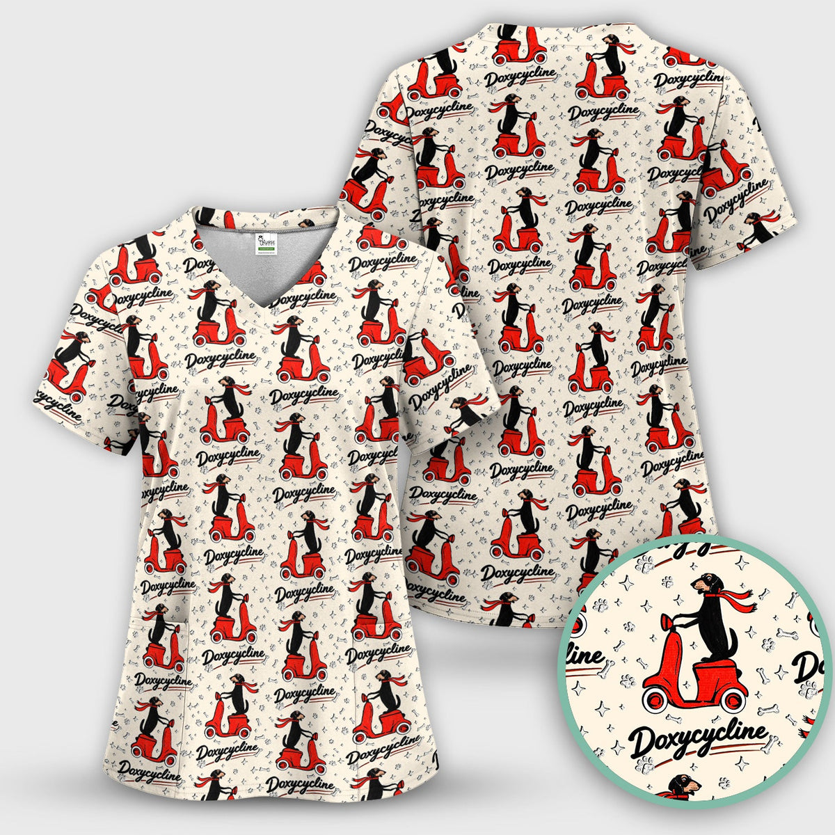 Dachshund Riding Scooter Nurse Scrub Set