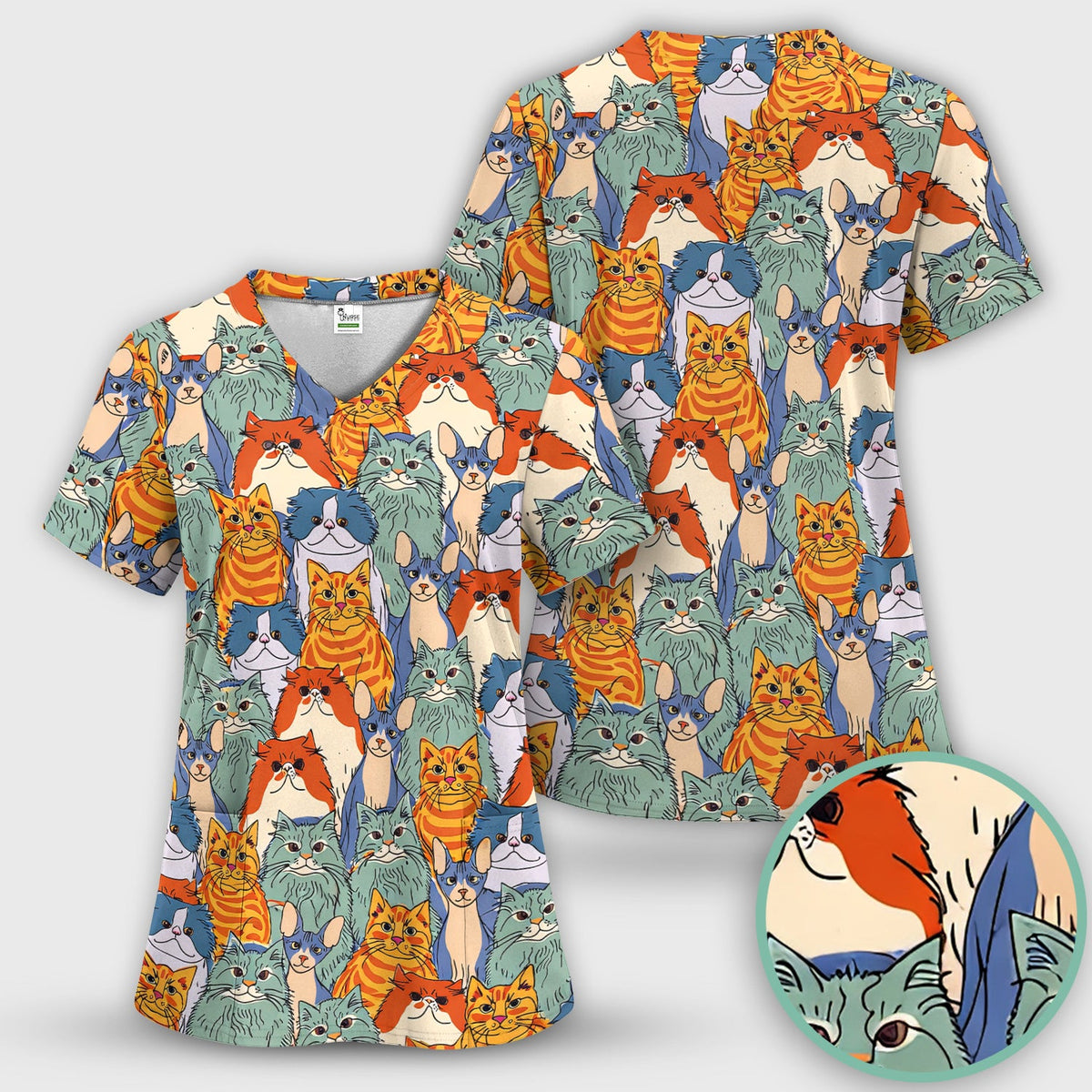 Multicolor Cat Faces Nurse Scrub Set