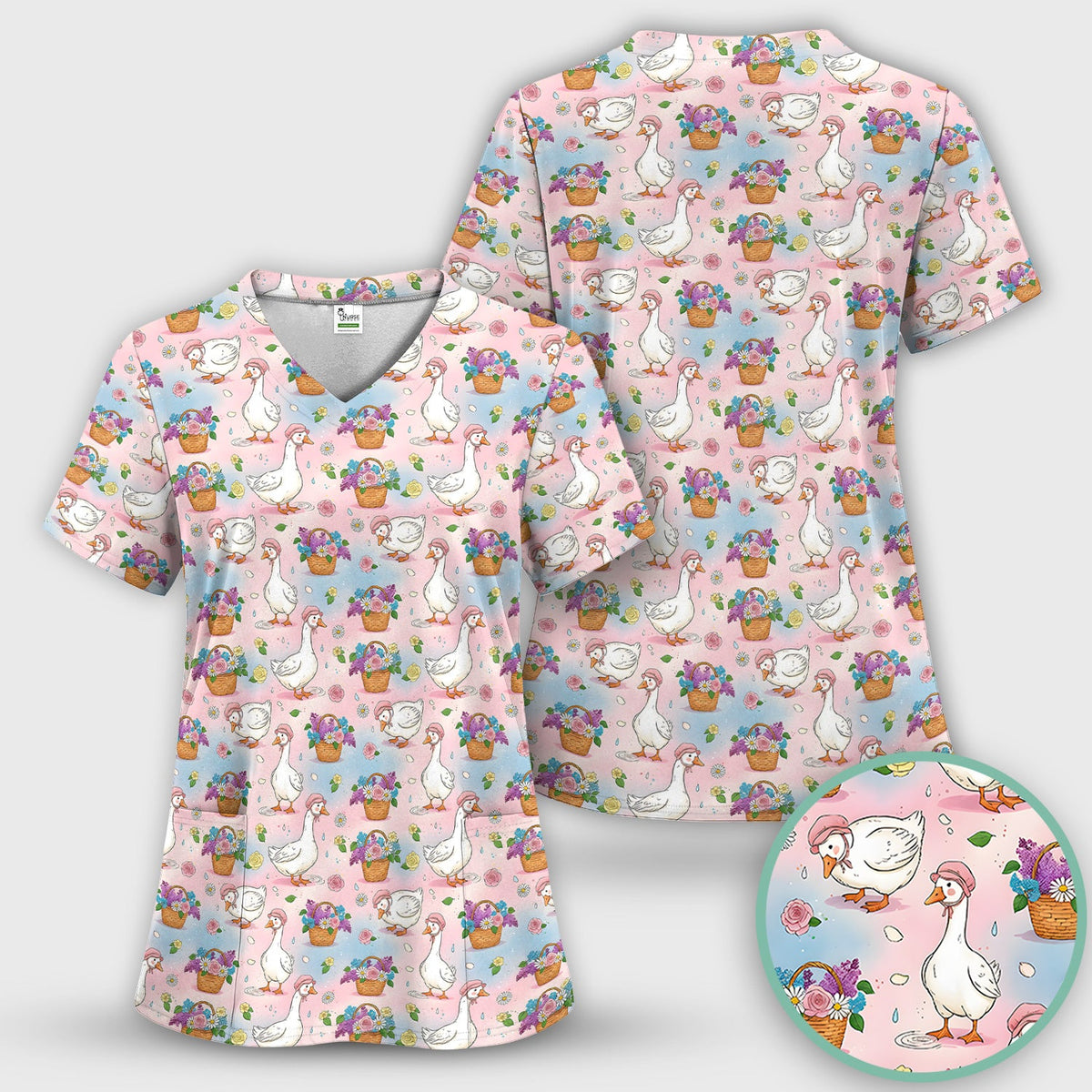 Spring Goose Flower Basket Nurse Scrub Set