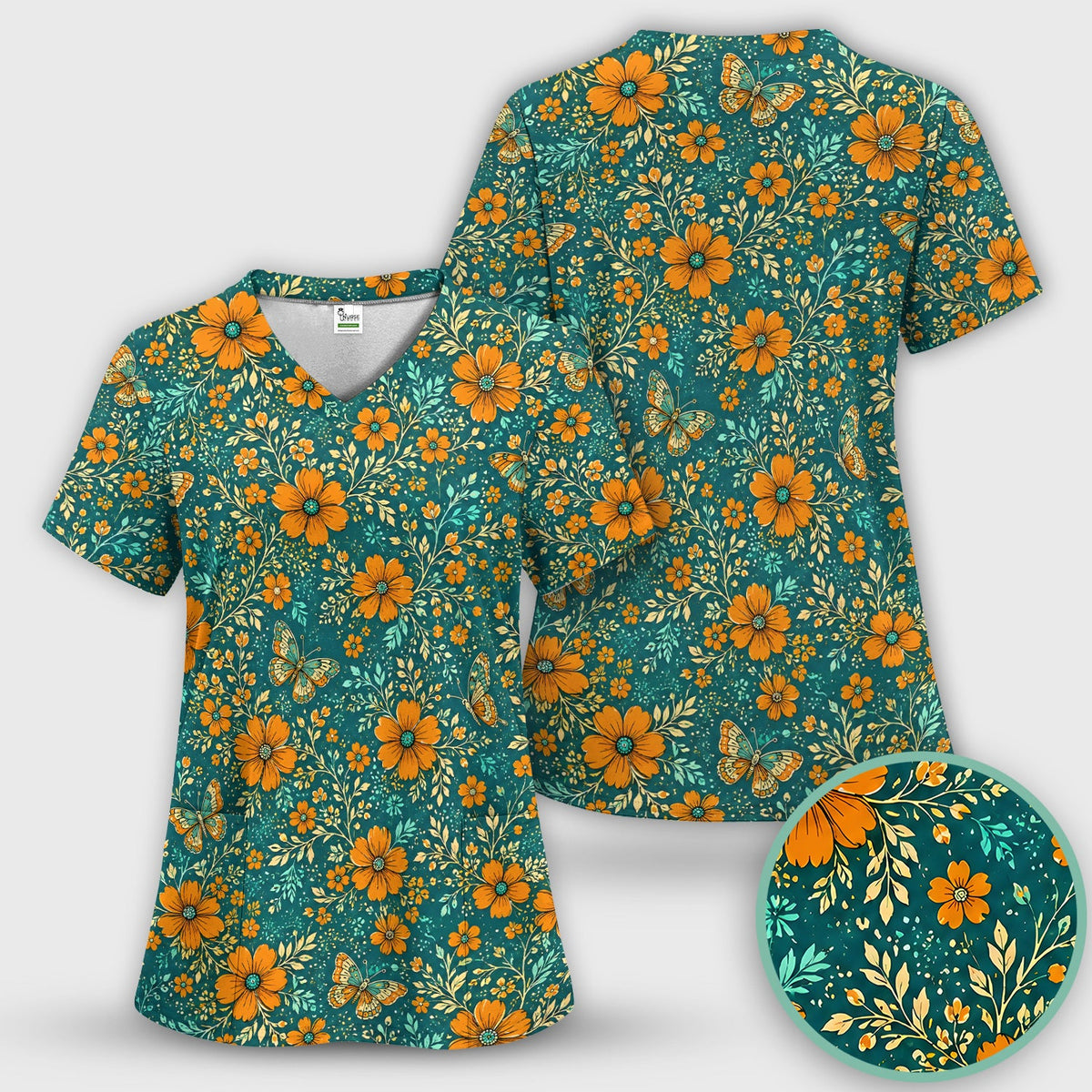 Orange Floral Butterfly Vine Nurse Scrub Set