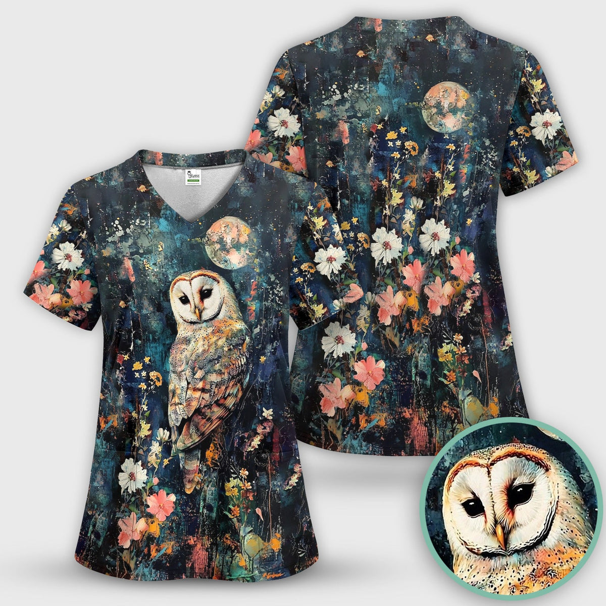 Moonlit Barn Owl Floral Pattern Scrub Top, Comfortable Scrubs for Nurses