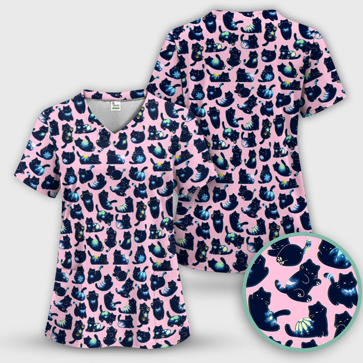 Midnight Black Cat Nurse Scrub Top