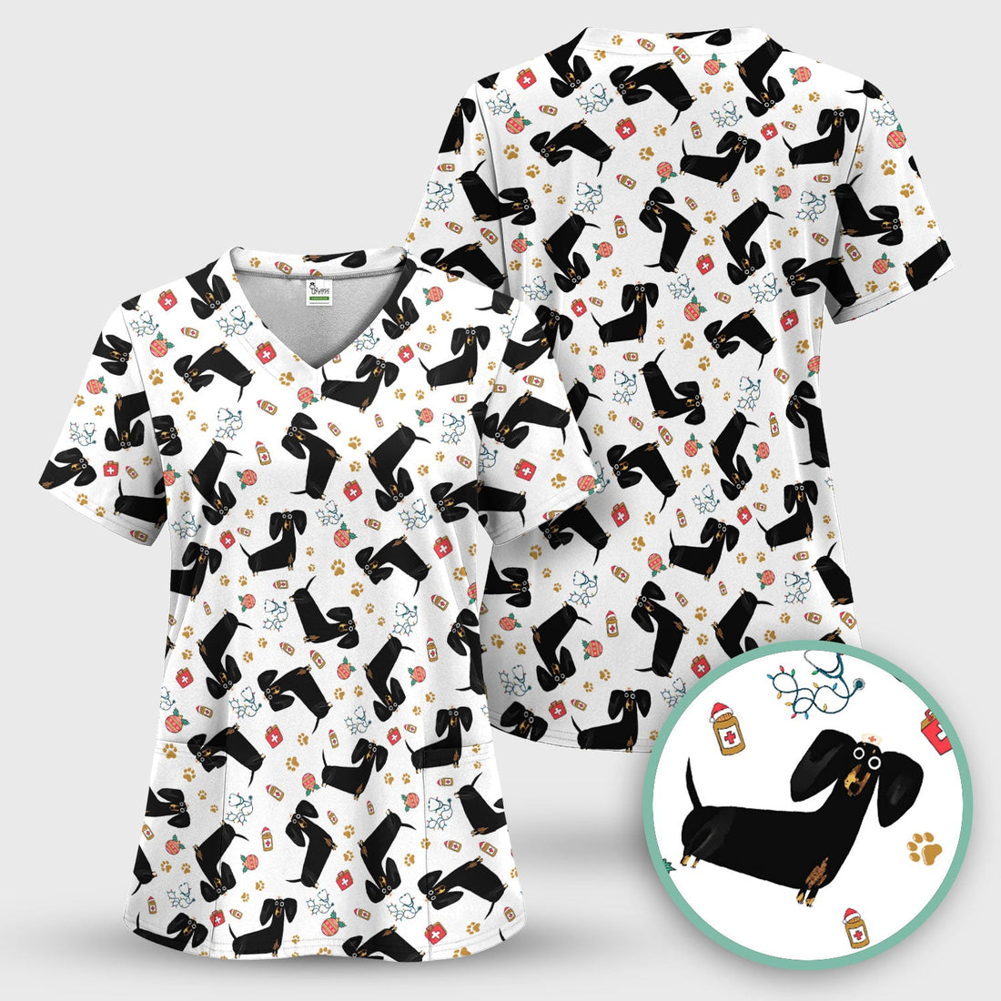 Black Dachshund Nurse Scrub Top - Gift For Dog Lover